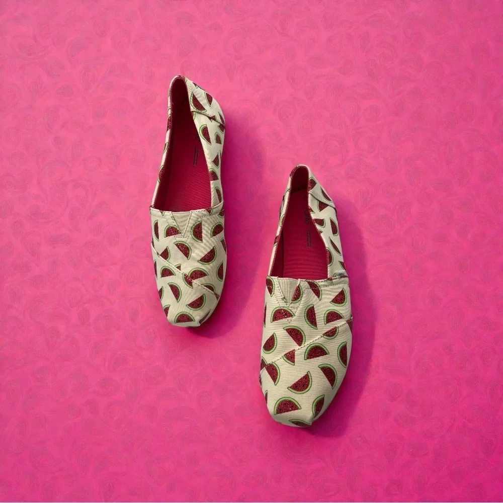 TOMS Watermelon Print Alpargata Natural Glitter Shoes Women's Size 12